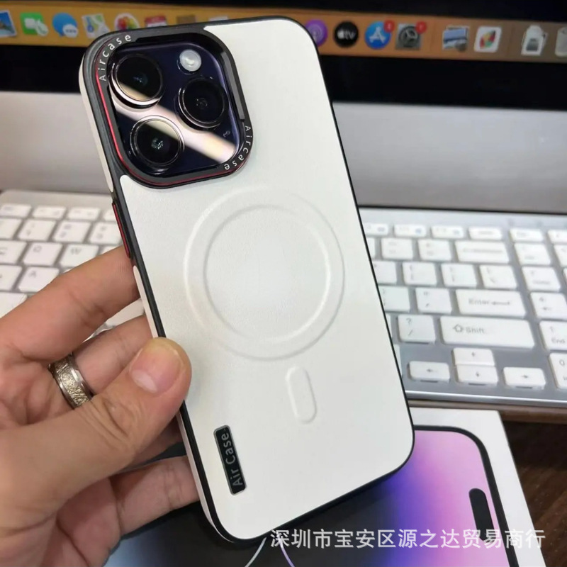 iPhone17Promax用コントラストカラー磁気吸着レザー調スマホケース、Apple16メタルフレームボタン付き、耐衝撃|undefined
