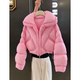 韩系超好看粉色短款立领羽绒服2026冬季新品小个子面包服厚外套
