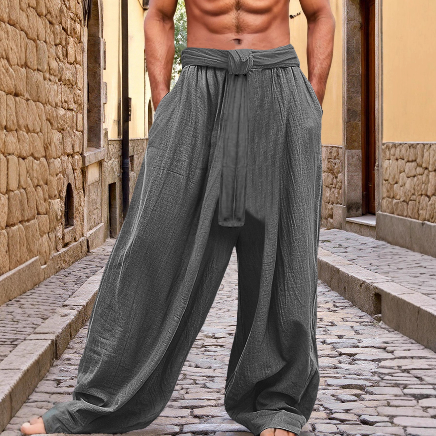 European and American Men's Wide-Leg Casual Sports Pants Quick-Drying Breathable Outdoor Training Beach Pants Lace-Up Loose Pants