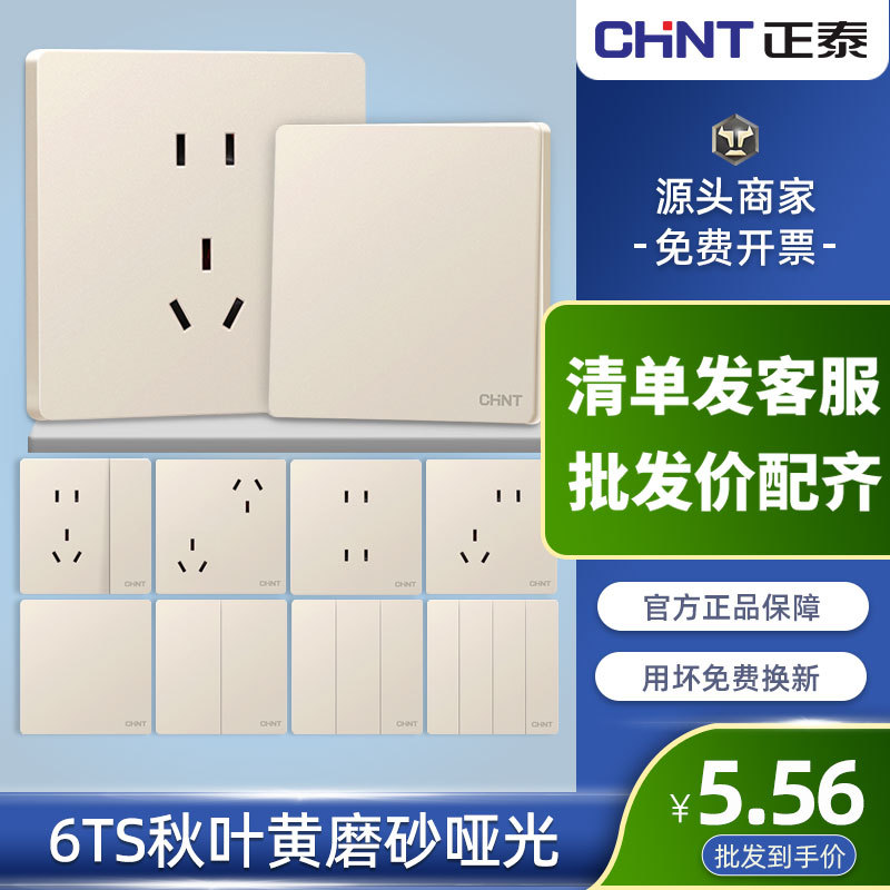 正泰开关插座家用86型墙壁暗装五孔USB多孔哑光面板6TS秋叶黄色