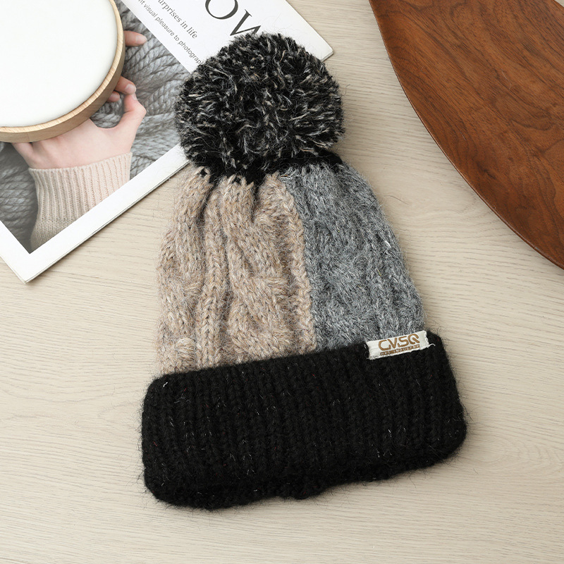 Fashion Versatile Color Block Pom Knitted Autumn Winter Outdoor Fleece Lined Thickened Warm Artistic Retro Pullover Hat_voghion.com