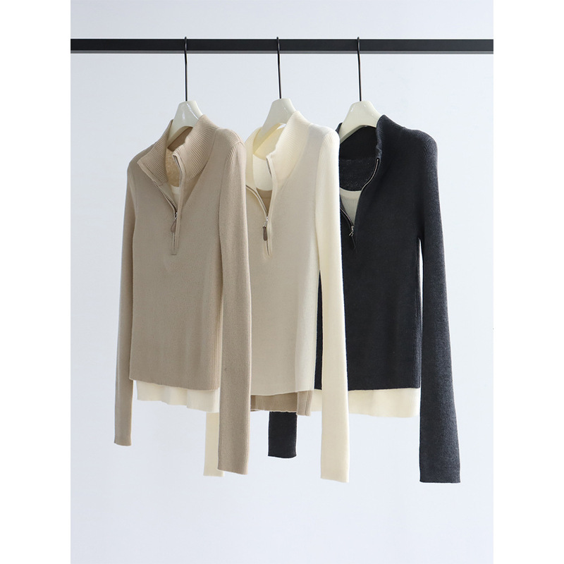 2024 Autumn and Winter Fake Two-piece Zipper Long-sleeved Knitwear Women's Wool Top Sweater Pullover Casual Simple All-match 2024 Autumn and Winter Fake Two-piece Zipper Long-sleeved Knitwear Women's Wool Top Sweater Pullover Casual Simple All-match