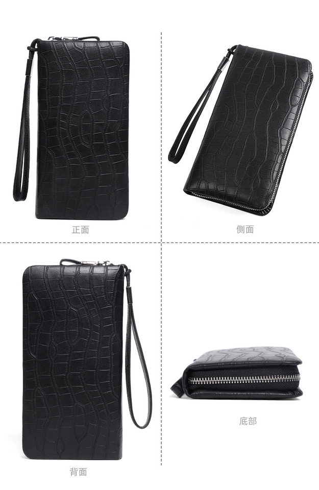 Ví nam dài vân cá sấu da bò thật khóa kéo đôi nhiều ngăn đựng thẻ 21×4,5×11 cm — Màu đen vân cá sấu cỡ nhỏ, Màu đen vân cá sấu cỡ trung chi tiết 24