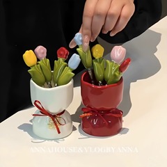 花束フルーツフォークドーパミンチューリップの花ステンレス鋼フルーツピックセラミック保存瓶ホームリビングルーム小さなフォーク