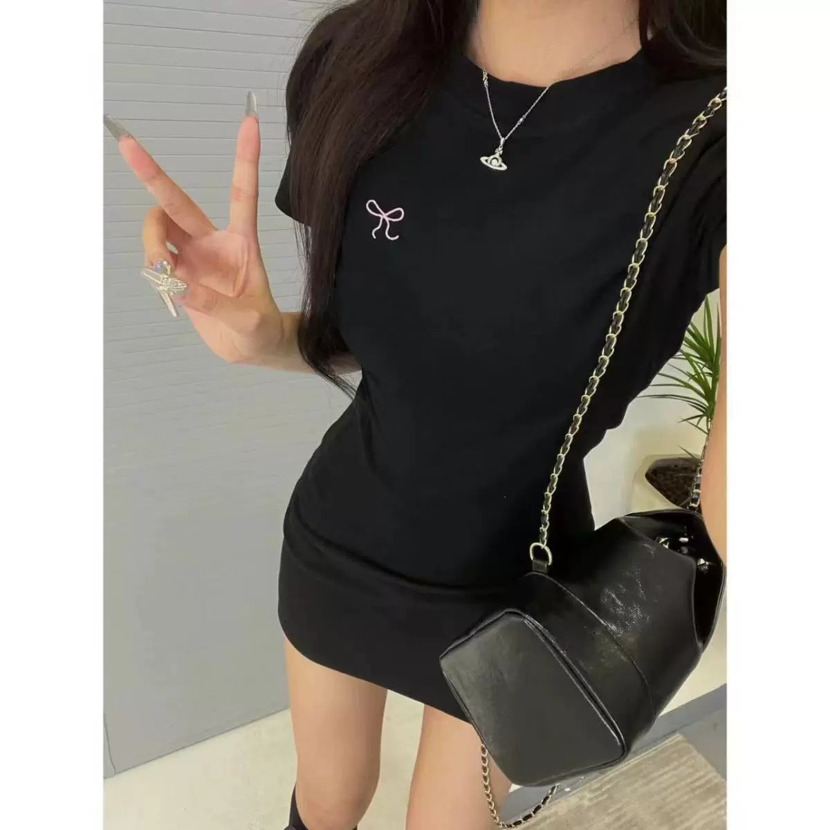 正肩短袖t恤女夏蝴蝶结圆领时尚撞色印花打底衫修身洋气上衣