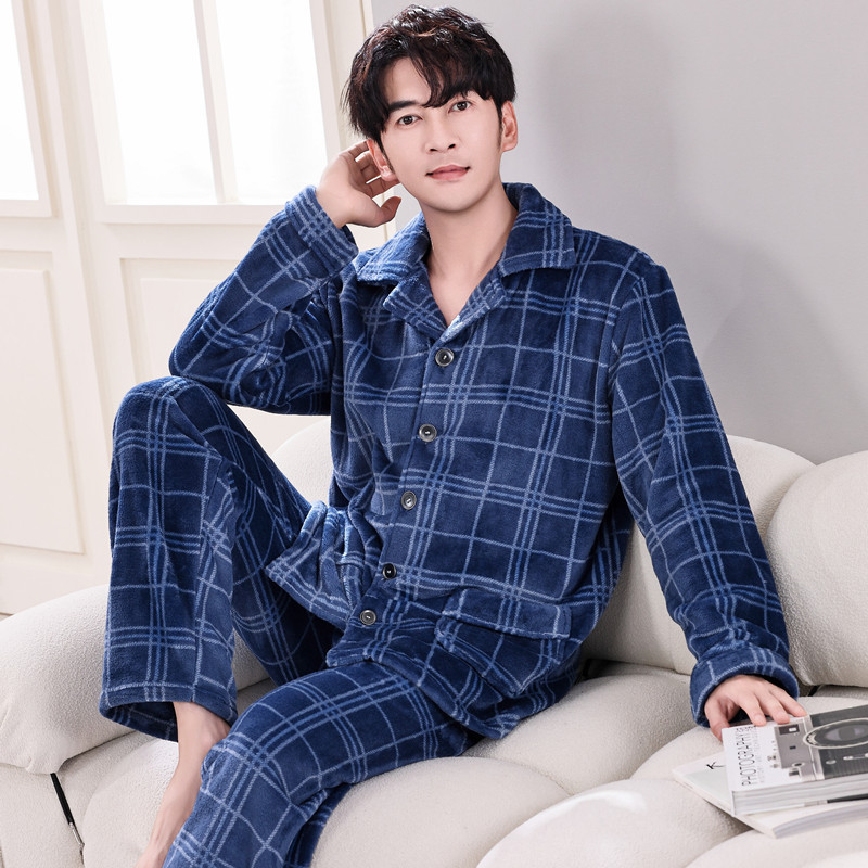 Pijamas de lana de coral coreana para hombres otoño y invierno engrosados franela se pueden usar cardigan de manga larga de invierno conjunto de ropa para el hogar