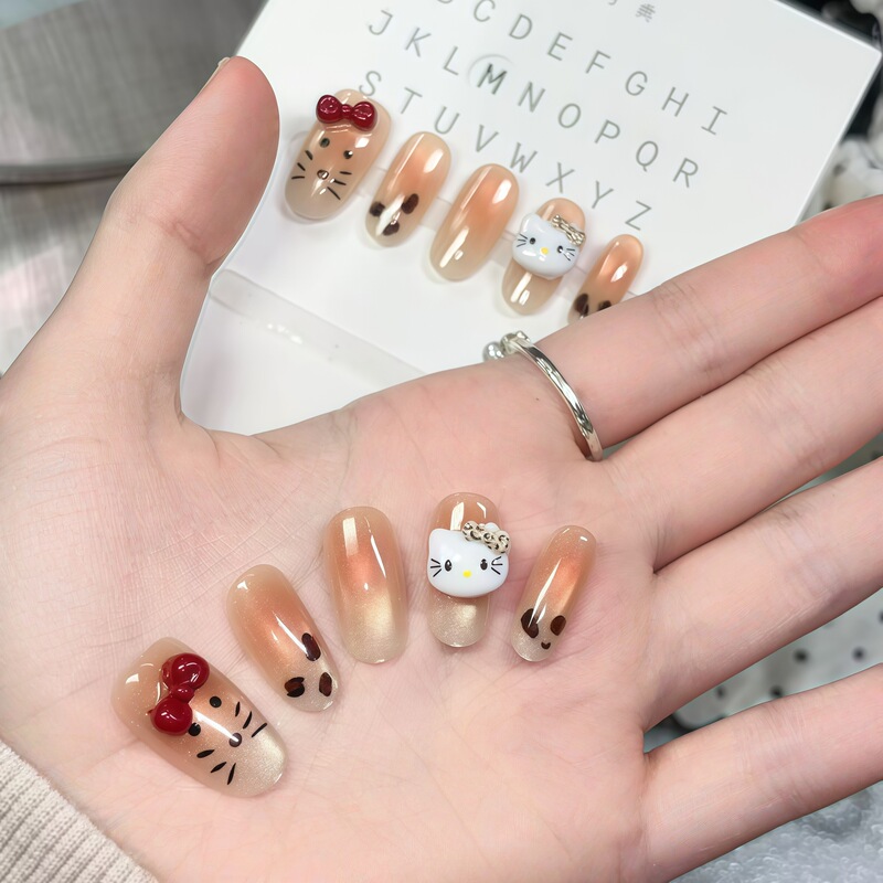 Nude Color Gradient Hello Kitty Wearable Nails with 3D Bow and Leopard Print Nail Stickers, Cute and Girly Nude Color Gradient Hello Kitty Wearable Nails with 3D Bow and Leopard Print Nail Stickers, Cute and Girly