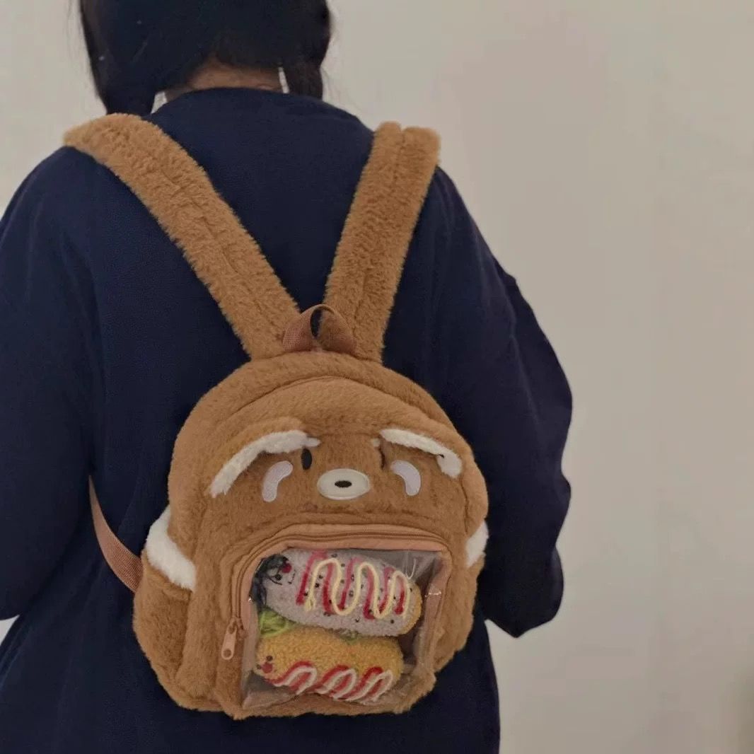 可爱小浣熊卡通透明双肩吧唧童包学生通勤书包ins风毛绒背包娃包
