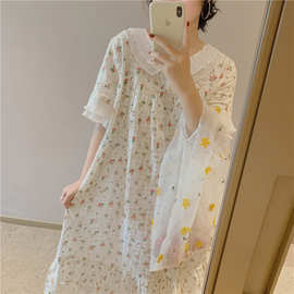 2021夏季新款 日系软妹睡裙女麻棉可爱少女碎花薄款家居服