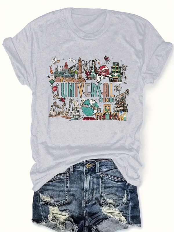Women's Universal Studios Print T-Shirt-Polyester Casual Crewneck T-Shirt, regular Length, All Season Stitch
