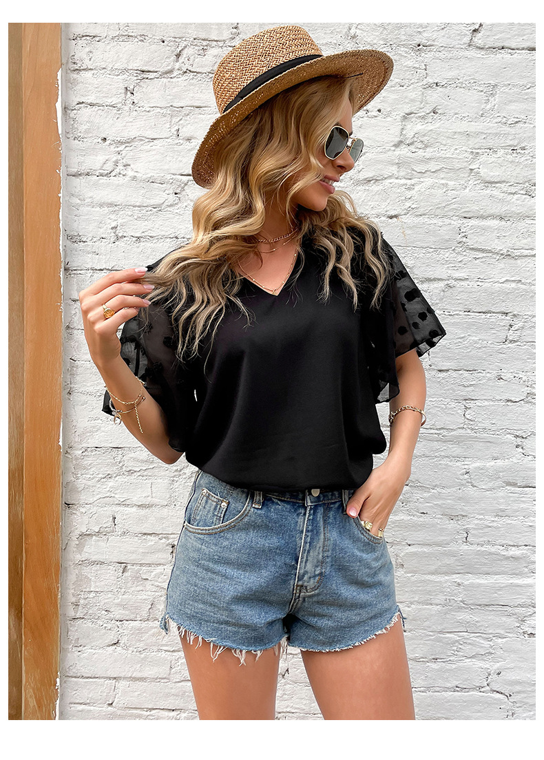 Schwarzes, kurzärmliges, durchsichtiges Trompetenhemd aus Netzstoff mit V-Ausschnitt_voghion.com