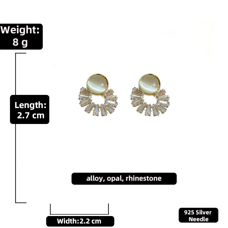 925 Silver Needle French Round Opal Rhinestone-encrusted Stud Earrings European And American Ins Fashion Simple Grace Personality Earrings For Women display picture 2