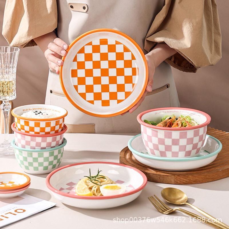 Nordic Tableware Dishes Set Household Internet Popular Checkerboard Simple Geometric Ceramic Soup Bowl Rice Bowl Noodle Bowl Vegetable Plate