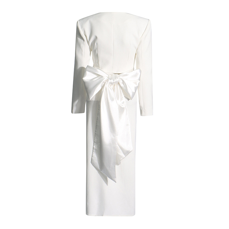 Women's Clothing Fashionable Elegant Solid Color Tie-Neck Top With High-Waist Slit Skirt Set - Chic Women's Outfit For Casual & Evening Wear​​_ecoleips.com