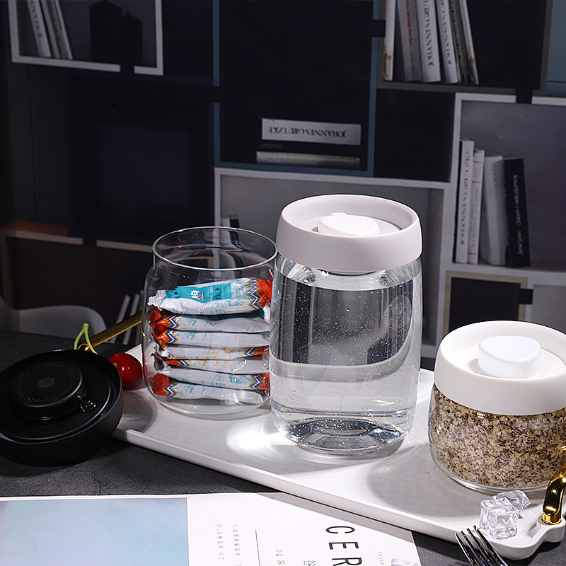 Botón de vidrio tanque de almacenamiento de presión de vacío tipo tanque de sellado de granos granos granos café té tanque de almacenamiento de cocina