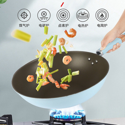 Titanium gold non-stick wok with thick composite base, coating-free cooking pot for home use, universal kitchenware, customized wholesale