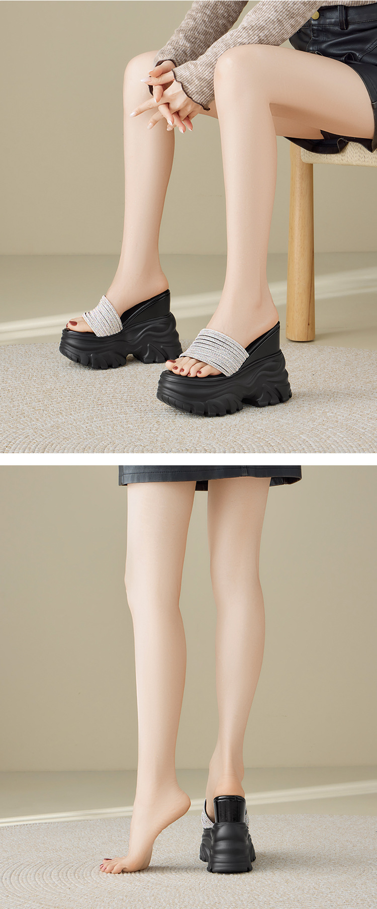 Sandal cao gót nữ đính đá quai ngang đế dày platform gót 9 cm — màu đen, màu trắng ngà chi tiết 7