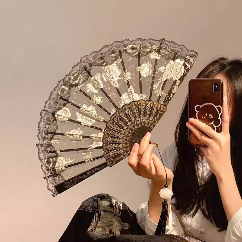 ローズレースファン中国扇子ダンス扇子写真漢服チャイナドレス写真古代スタイルポーズインターネット有名人小道具|undefined