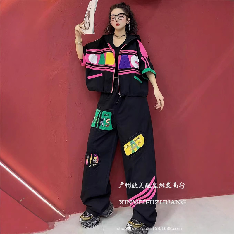 European Trendy Summer Thin Denim Fashion Set for Women, Hooded Short Top and High-Waisted Straight-Leg Pants Two-Piece Set European Trendy Summer Thin Denim Fashion Set for Women, Hooded Short Top and High-Waisted Straight-Leg Pants Two-Piece Set