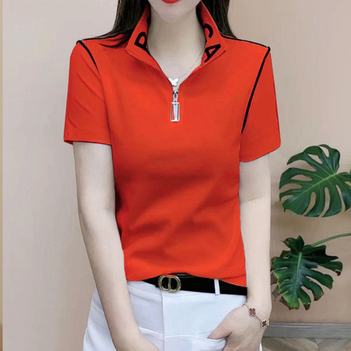 [Cotton 95 Spandex 5] New all-matching simple and comfortable slimming short-sleeved summer fashionable zipper design stand-collar T-shirt
