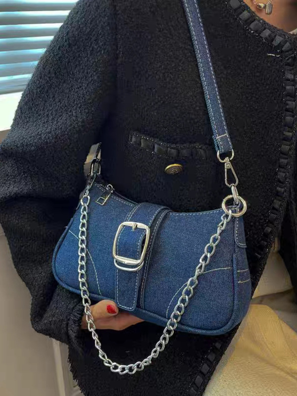 ニッチデザインのヨーロッパ風バゲットバッグ、高級感のあるデニムキャンバスの脇の下バッグ、女性向けのファッショナブルで多用途なチェーンショルダーバッグ|undefined