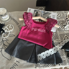 韓版童裝2024新款夏季女童荷葉邊飛袖背心T恤百搭灰色裙褲兩件套