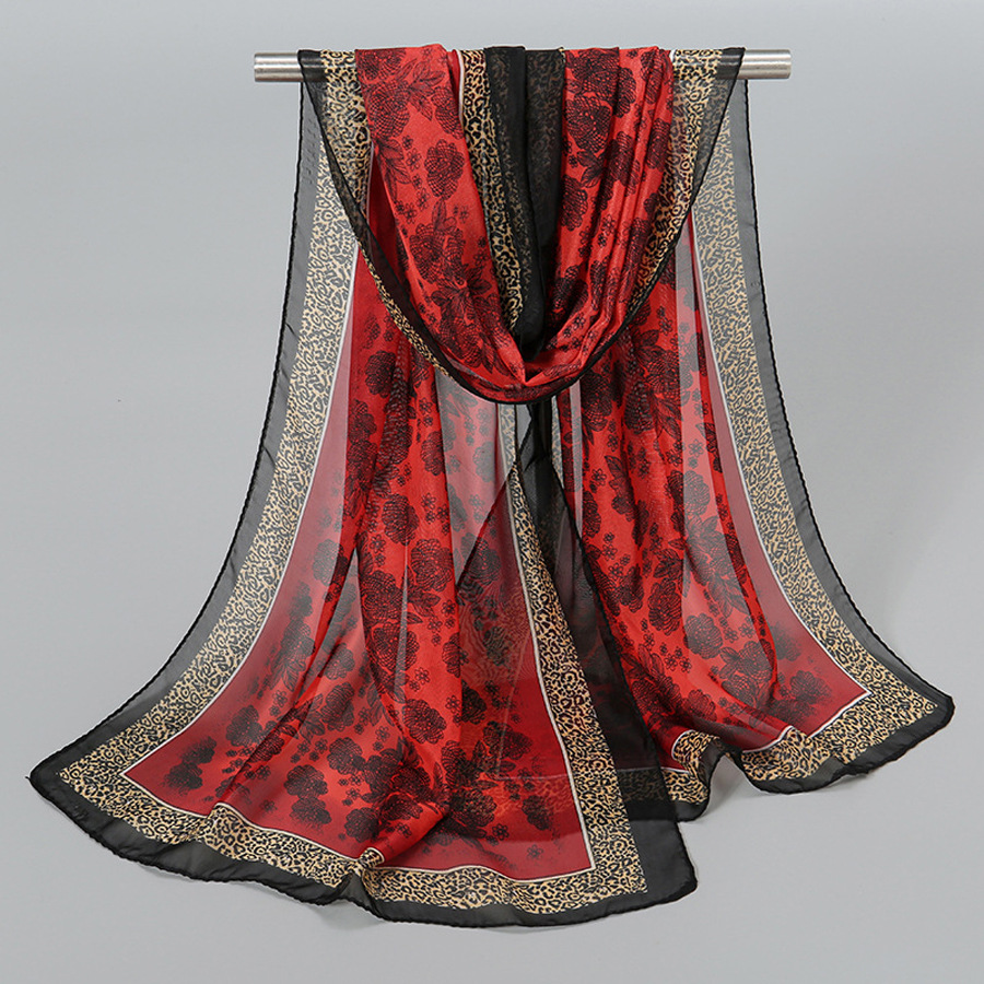 Leopard print rose print chiffon scarf autumn and winter warm cold scarf women's fashion long scarf neck scarf