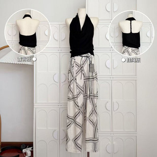 Q1E Trending Ins Tencel Ice Silk Halter Top + Vintage Linen Geometric Digital Wide-Leg Pants