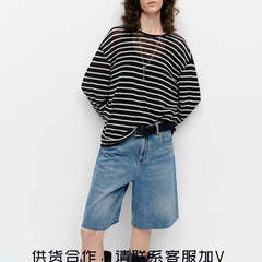 MO スポット夏の新スタイルルーズカジュアルソフトラウンドネックオフショルダー長袖黒と白のストライプのセーター Tシャツブラウス