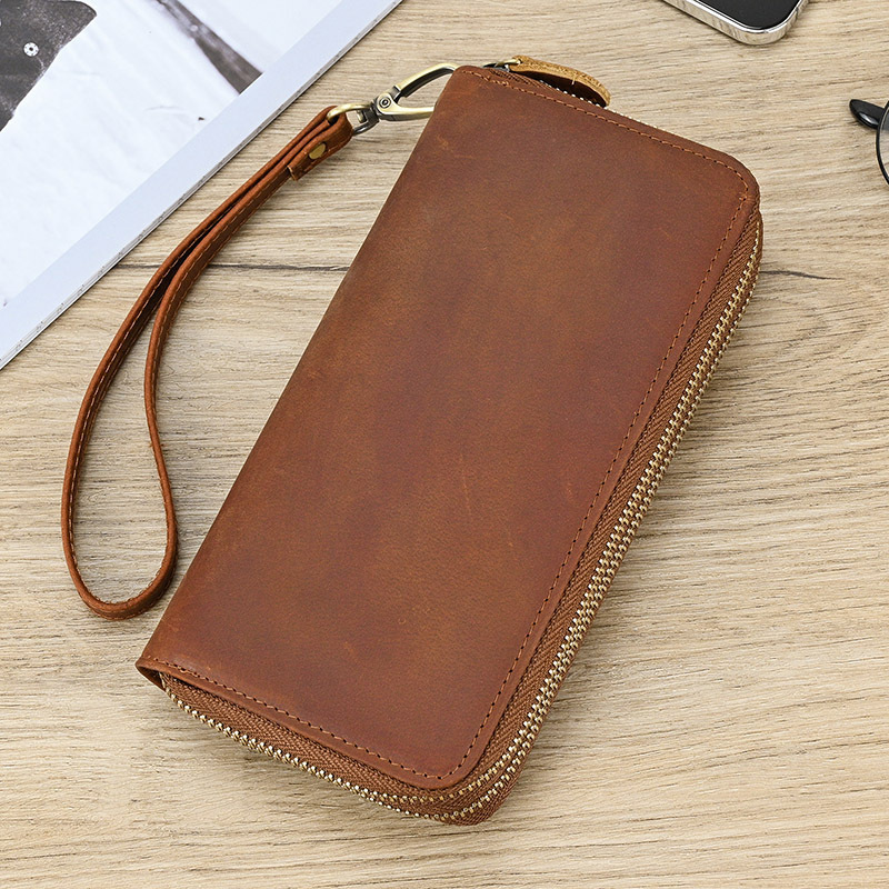 Men's Crazy Horse Leather Long Wallet Genuine Leather Double Zipper Wallet Double-layer Cowhide Clutch Retro Mobile Phone Wallet