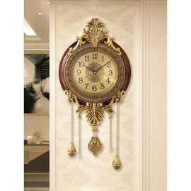 美式实木静音挂钟客厅欧式创意石英钟表装饰家用时尚时钟大气挂表