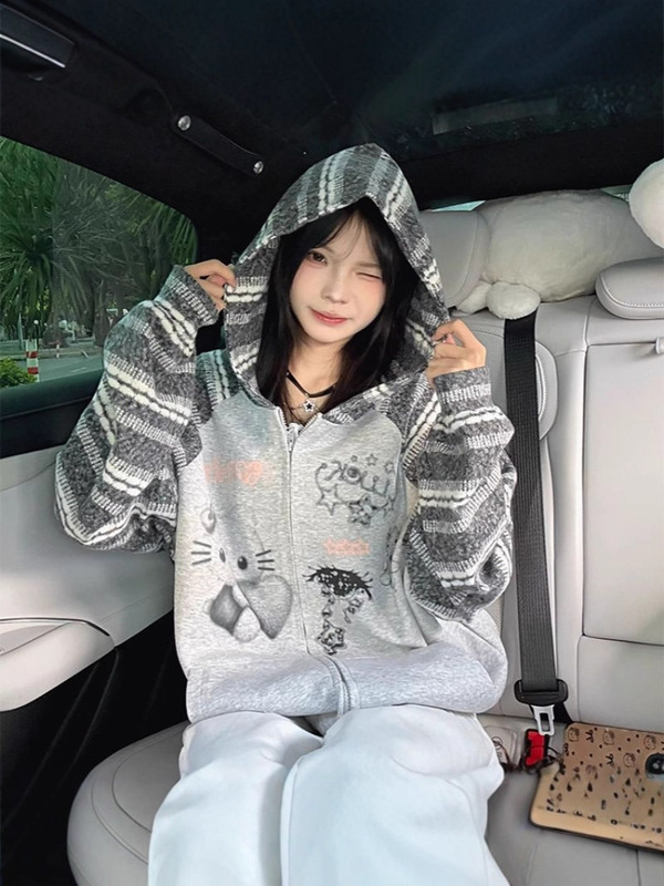 hellokitty连帽卫衣女2025春秋新款设计感小众慵懒风高街开衫外套|undefined
