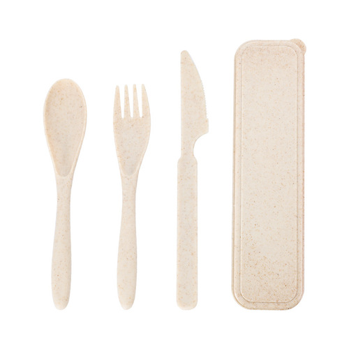 Set of Wheat Straw Tableware Knife, Fork, and Spoon Tri-Set, Student Camping Canteen Outdoor Travel Portable Storage Box