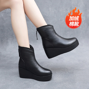 2023 Fall/Winter Wedge Ankle Boots Cowhide Single Boots Thick Bottom Waterproof Platform plus size 42 Women's Boots Winter fleece-lined Puffin Ankle Boots
