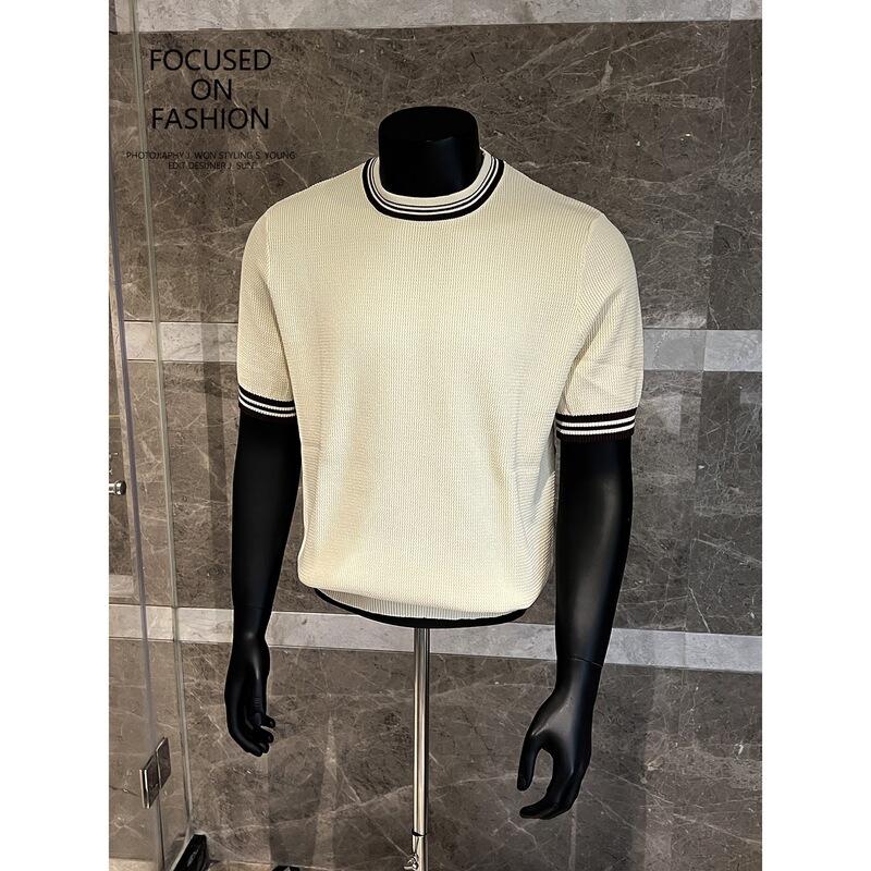 2026 Old Money Style Color-Block Collar Light Luxury Round Neck Knitted Short Sleeve T-Shirt, Apricot Color 25610/P58 Control 88 2026 Old Money Style Color-Block Collar Light Luxury Round Neck Knitted Short Sleeve T-Shirt, Apricot Color 25610/P58 Control 88