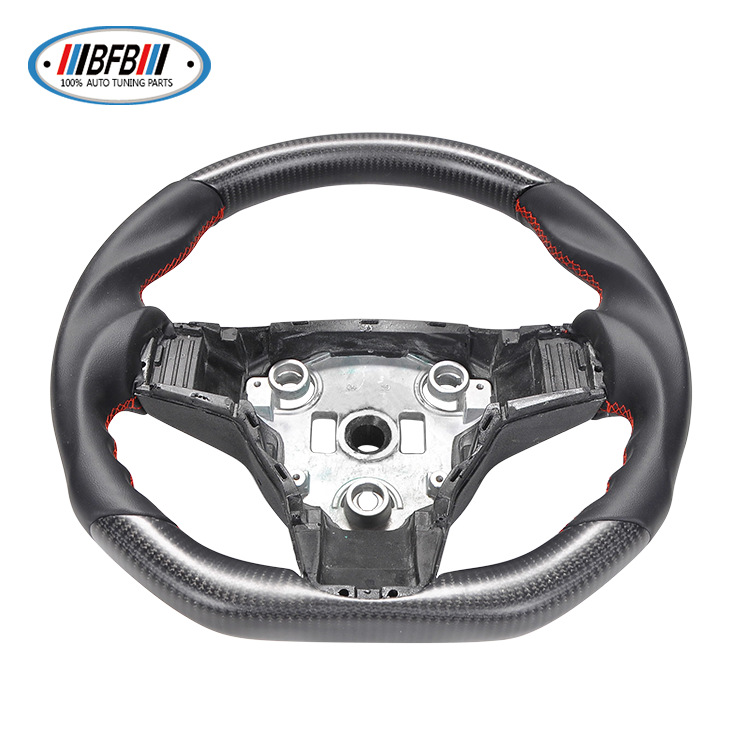 100% Real Carbon Fiber Matte Black Steering Wheel with Black Smooth Leather and Red Stitching - For Tesla Model Y - Steering Wheel Modification