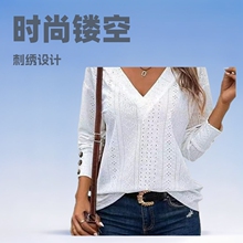 2025春秋跨境欧美女上衣时尚休闲V镂空蕾丝刺绣中袖衬衫