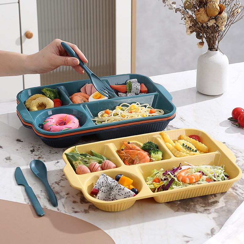 Wheat Straw Divided Plate, Fat-Reducing Postpartum Tableware, Breakfast Salad Divided Plate with Knife, Fork, and Spoon Cutlery Set Wheat Straw Divided Plate, Fat-Reducing Postpartum Tableware, Breakfast Salad Divided Plate with Knife, Fork, and Spoon Cutlery Set