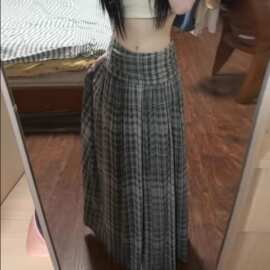 复古网纱格子半身裙女秋季高腰显瘦垂感a字纱裙大摆长款格纹裙子