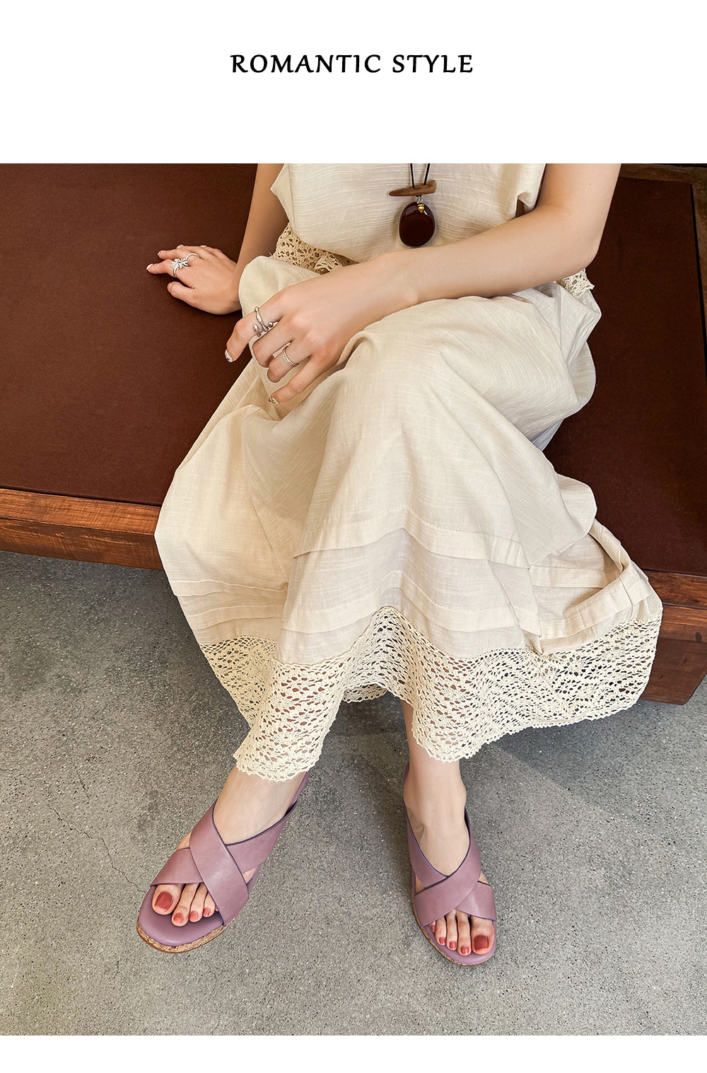 Sandal cao gót nữ quai chéo hở mũi đế xuồng tăng chiều cao — màu nâu, Hồng tím, màu trắng ngà chi tiết 9