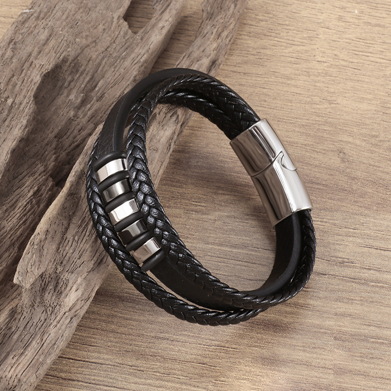 30g Weight Bangle Classification Alloy, Leather Rope Chain Material Hip-Hop Geometric Solid Color Pu Leather Alloy Men's Bangle Men's Chain Bracelets