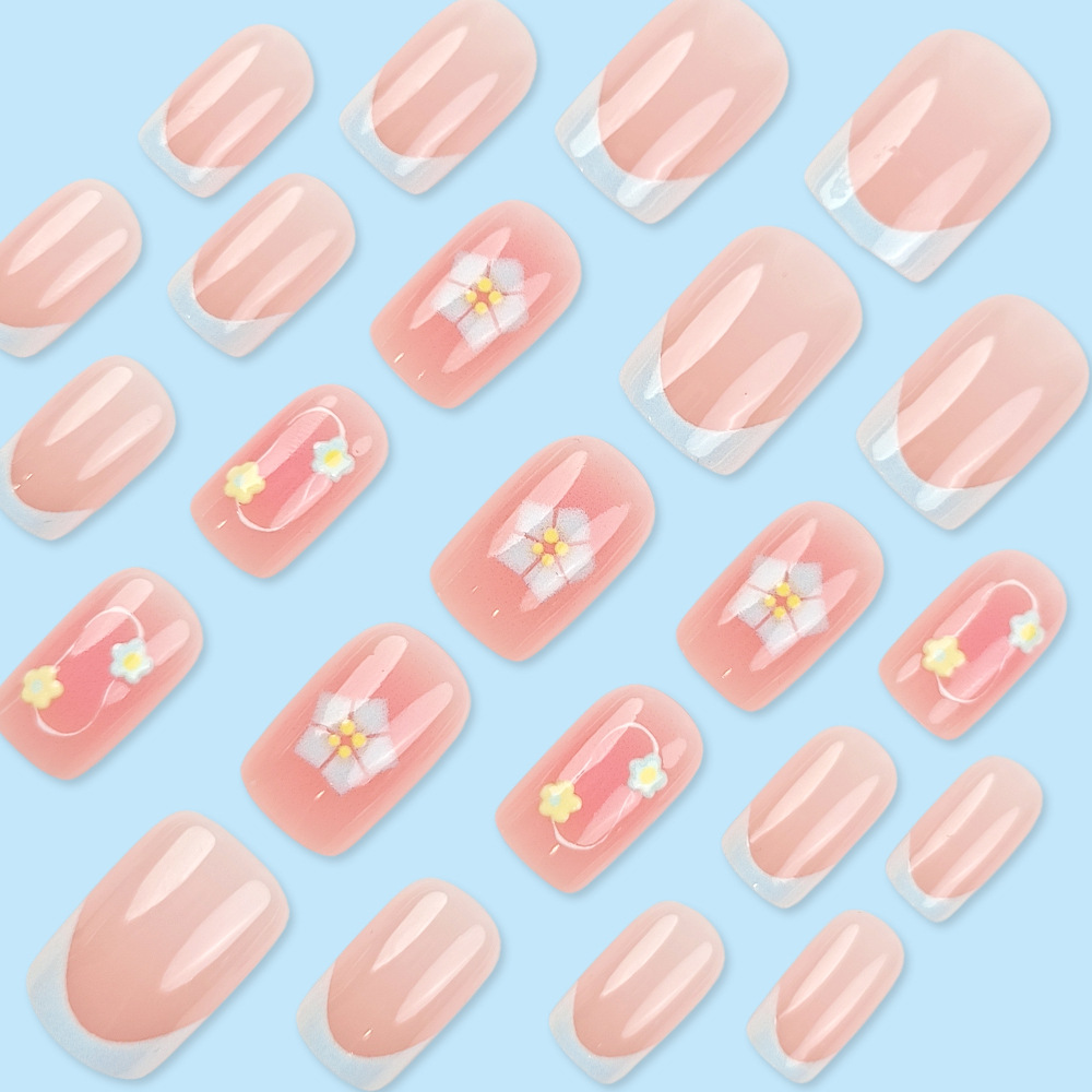 Puntas de uñas con diseño de flor de cinco pétalos con temática de gratitud, pegatinas de uñas estilo francés en azul, juego de 24 piezas de nuevas puntas de uñas reutilizables. image 5