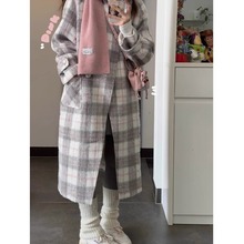 灰粉色韩版格子大衣女冬季中长款小个子甜美长袖毛呢外套保暖上衣