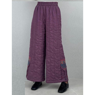2024 Winter New Linen Quilted Casual Pants Women Ethnic Style Retro Artistic Fashion Stretch Waist Cotton Pants
