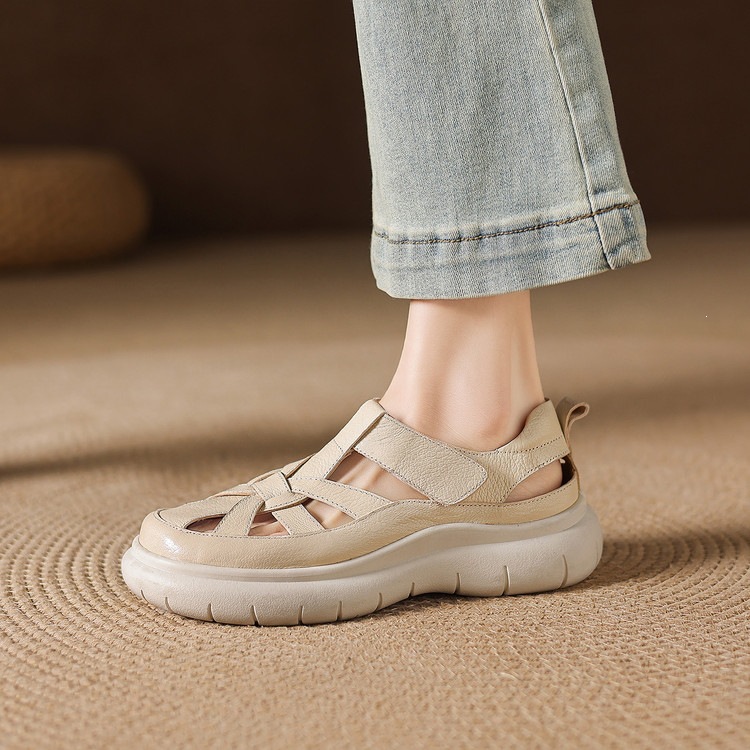 Sandal nữ đế dày da cừu phối quai ngang phong cách học đường — màu đen, màu trắng ngà chi tiết 26