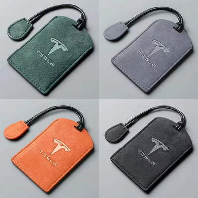 Car key bag — Key Case, Suede Leather - dark-green-tesla-simple-rope