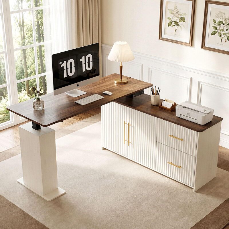 Factory Direct Sales L-Shaped Standing Desk, Electric Adjustable Sit-Stand Desk, with Drawer Storage Cabinet