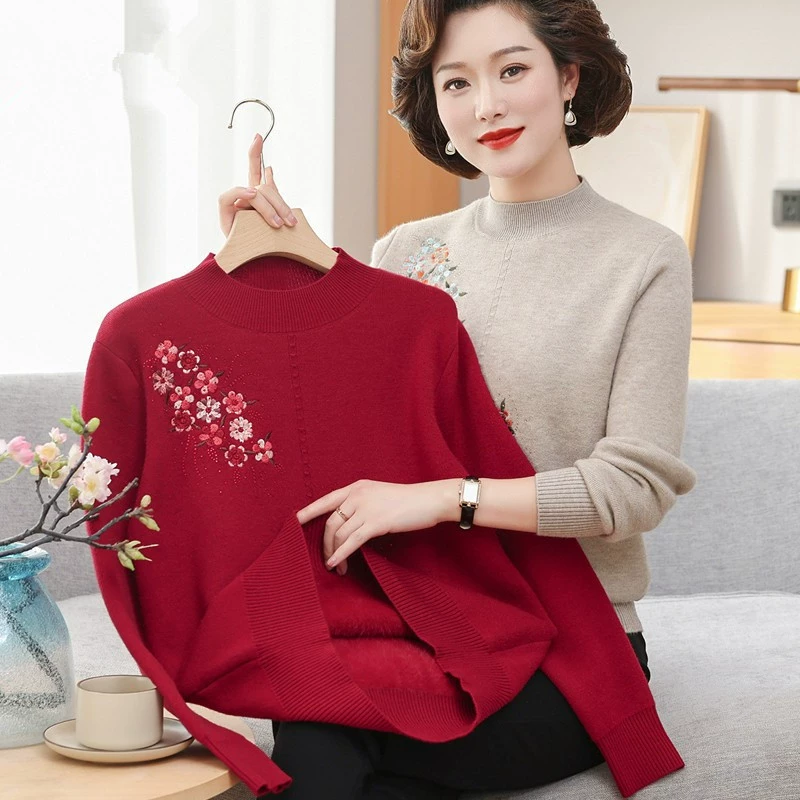 Зимняя одежда для мам, цельный свитер на флисовой подкладке для женщин, стильный и теплый, внутренний слой для женщин среднего и старшего возраста, трикотажная базовая рубашка на флисовой подкладке.