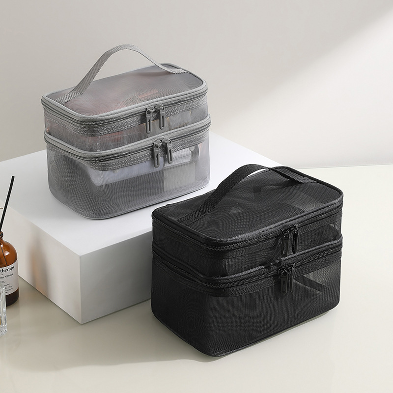 Nylon Mesh Transparent Double Layer Cosmetic Bag Women's Travel Cosmetic Storage Large Capacity Wash Bag Wholesale Printed LOGO Nylon Mesh Transparent Double Layer Cosmetic Bag Women's Travel Cosmetic Storage Large Capacity Wash Bag Wholesale Printed LOGO
