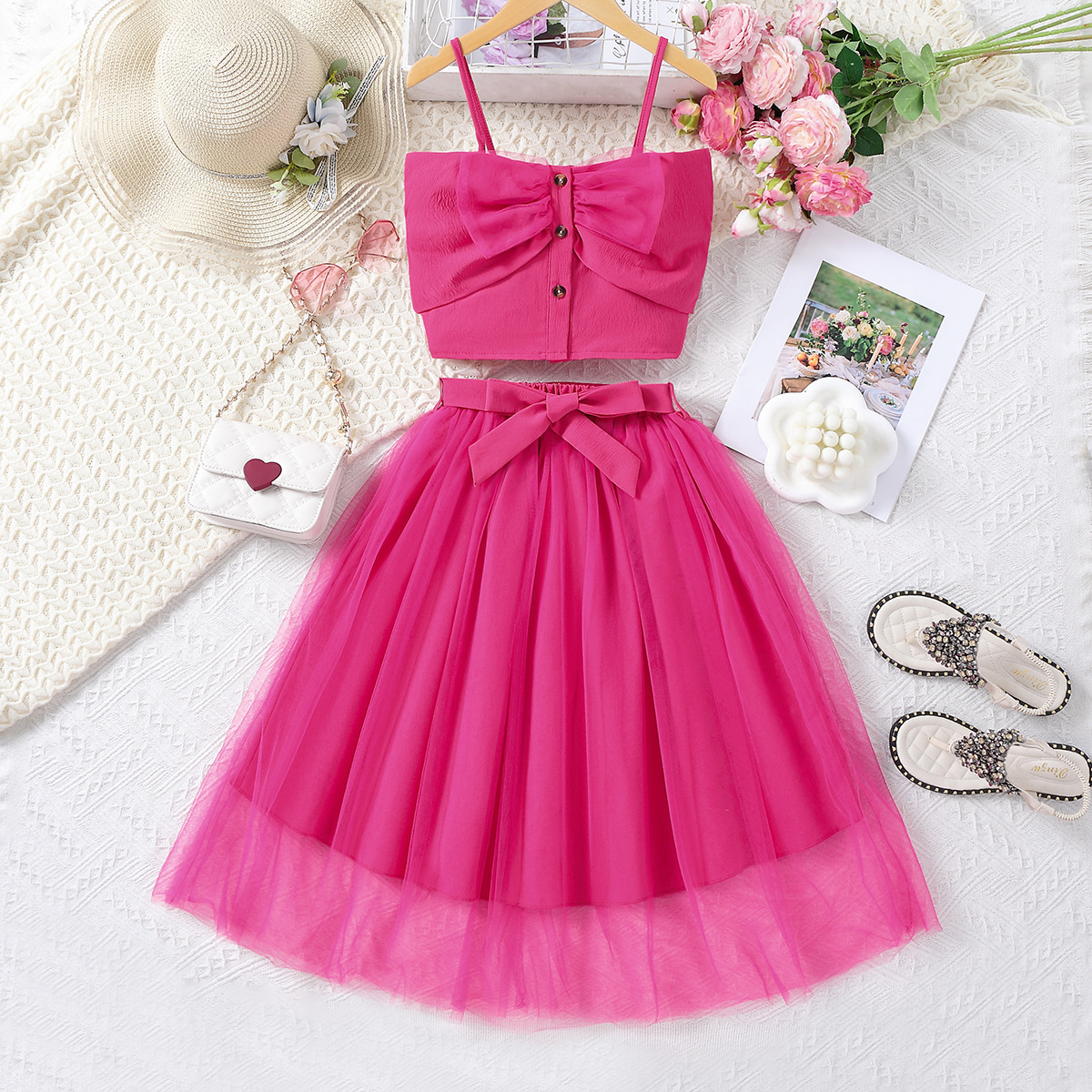 Foshan Children's Summer 2024 Cross-border Stylish Shoulder Straps Butterfly Bow Short-sleeve Blouse Mesh Skirt Set for Girls